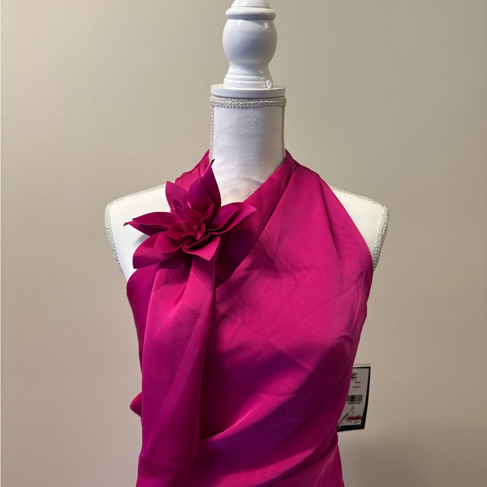 Elegant Pink Halter Dress with Floral Accent